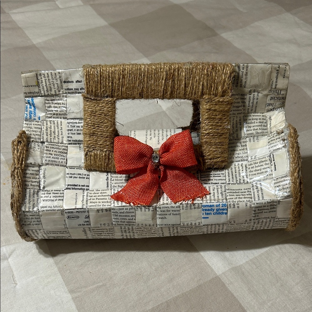 Handcrafted Newspaper Clutch Purse with orange Bow
